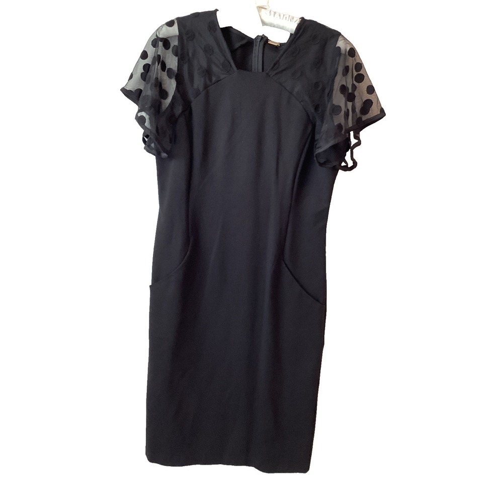 T. Tahari Black Sheath Dress Women's M Career Stretch Polka Dot Whimsical Midi
